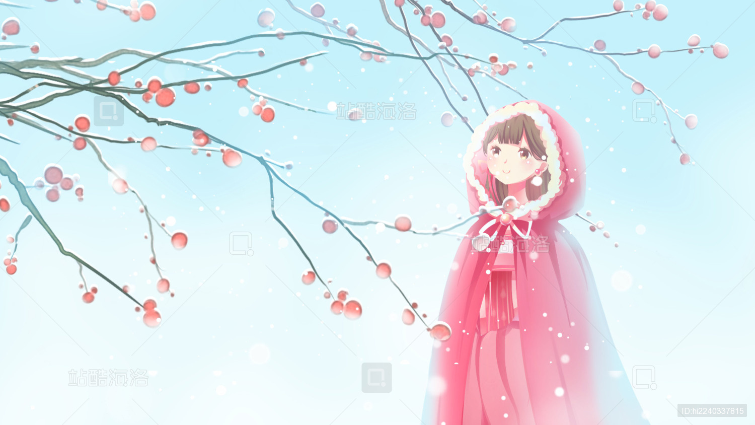 冬雪中披着红斗篷的女子等树上红梅花开插画