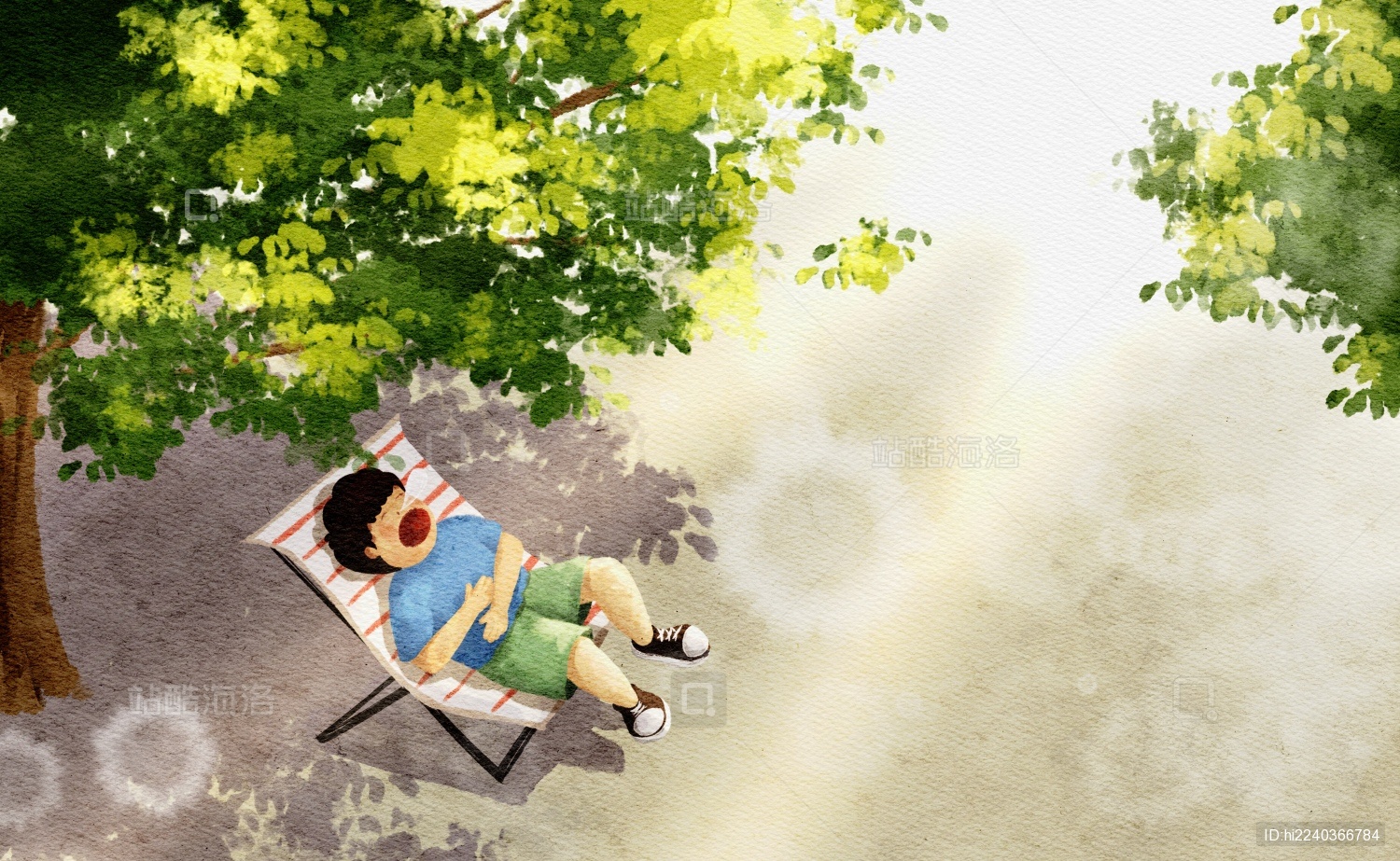 午后树荫下午睡水彩插画