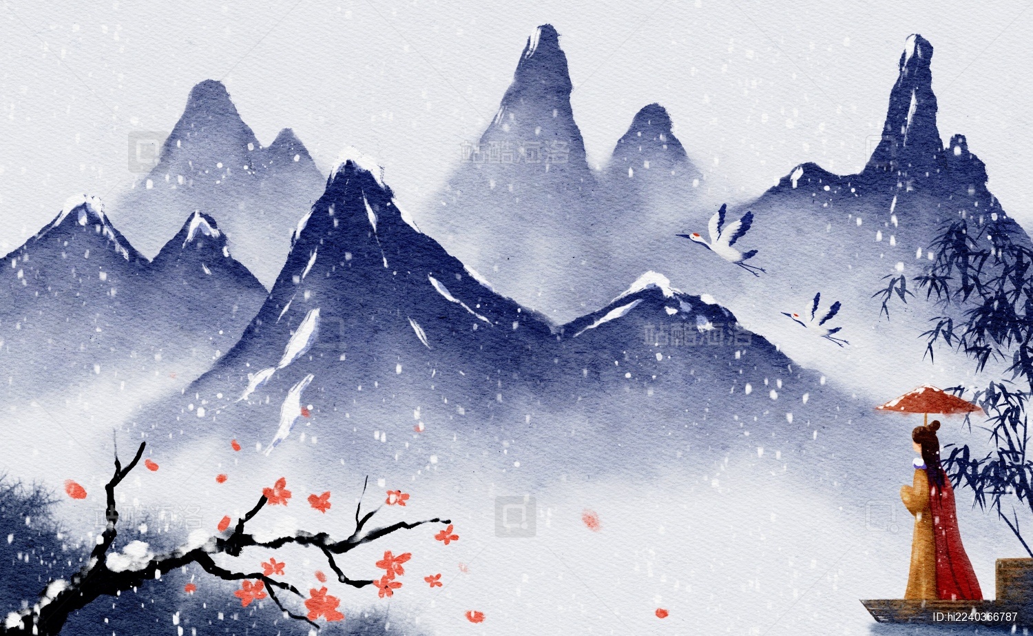 冬天风景水彩插画