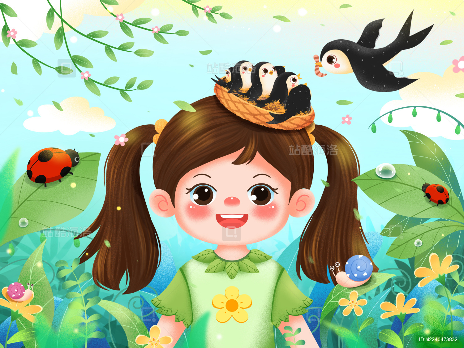 惊蛰春分女孩与燕子插画