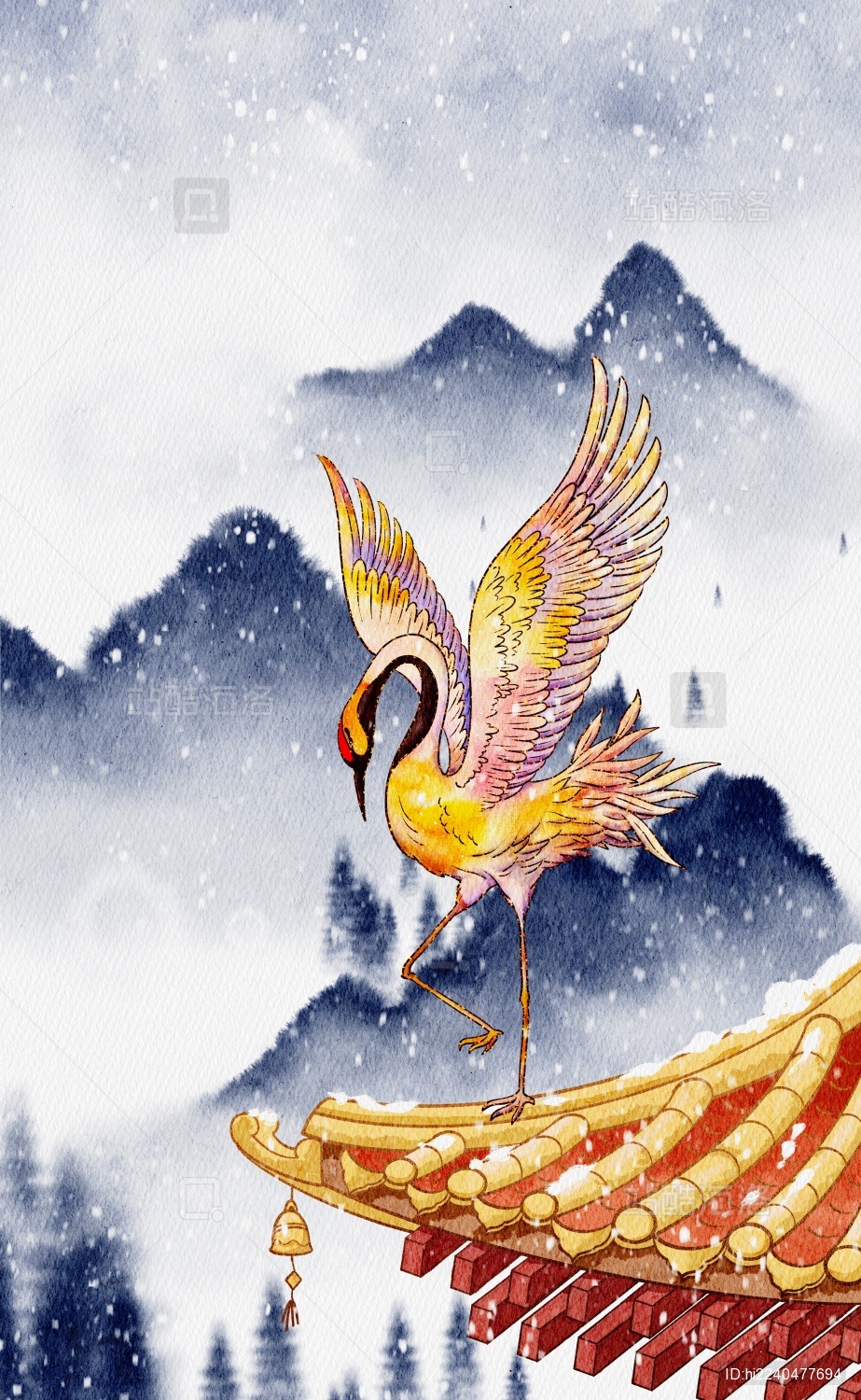 冬天仙鹤水彩插画