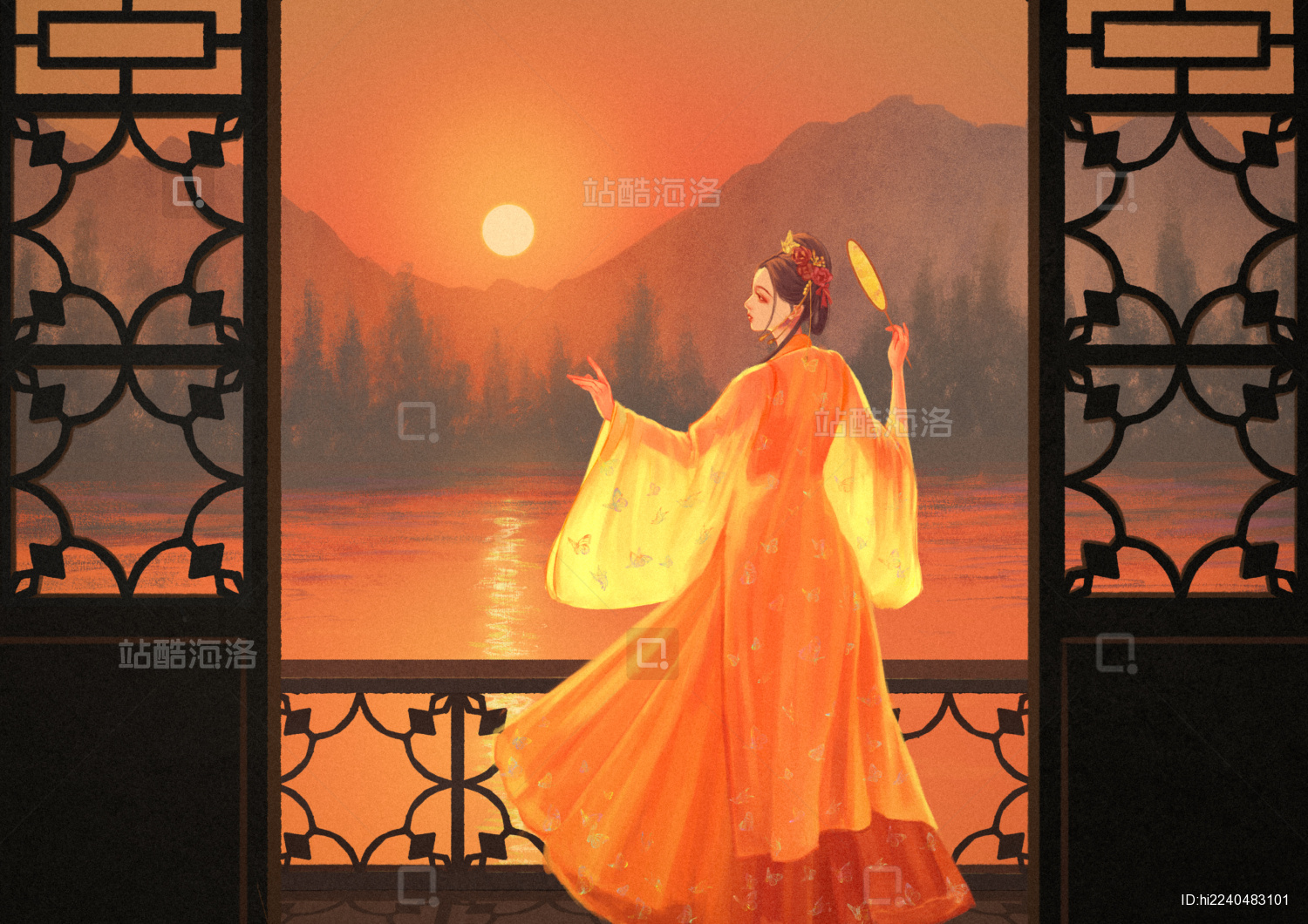 日暮下古风少女起舞唯美场景插画