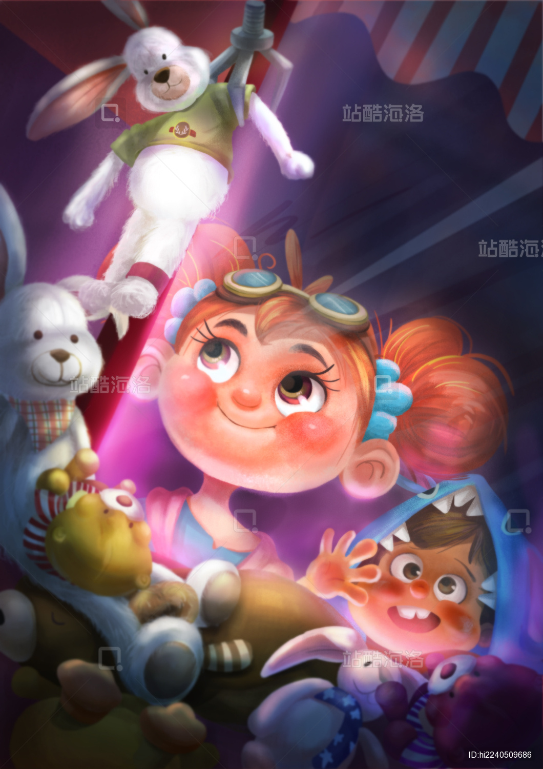 儿童节主题插画儿童抓娃娃