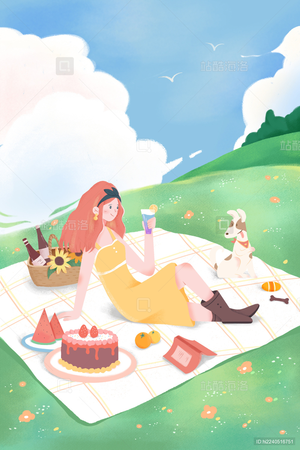 春分节气女孩和小狗野餐