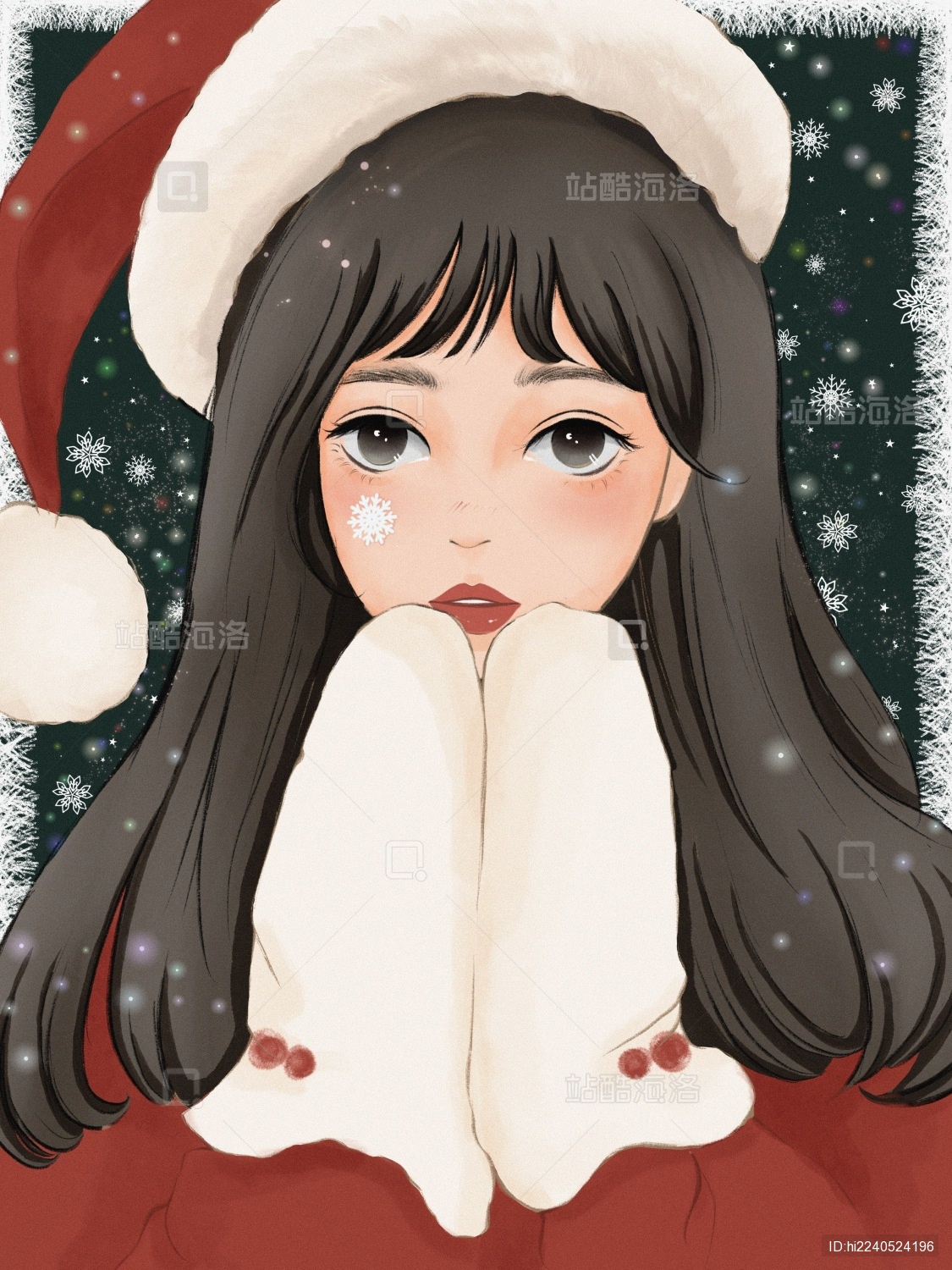 圣诞节雪中戴帽子手套的女孩插画