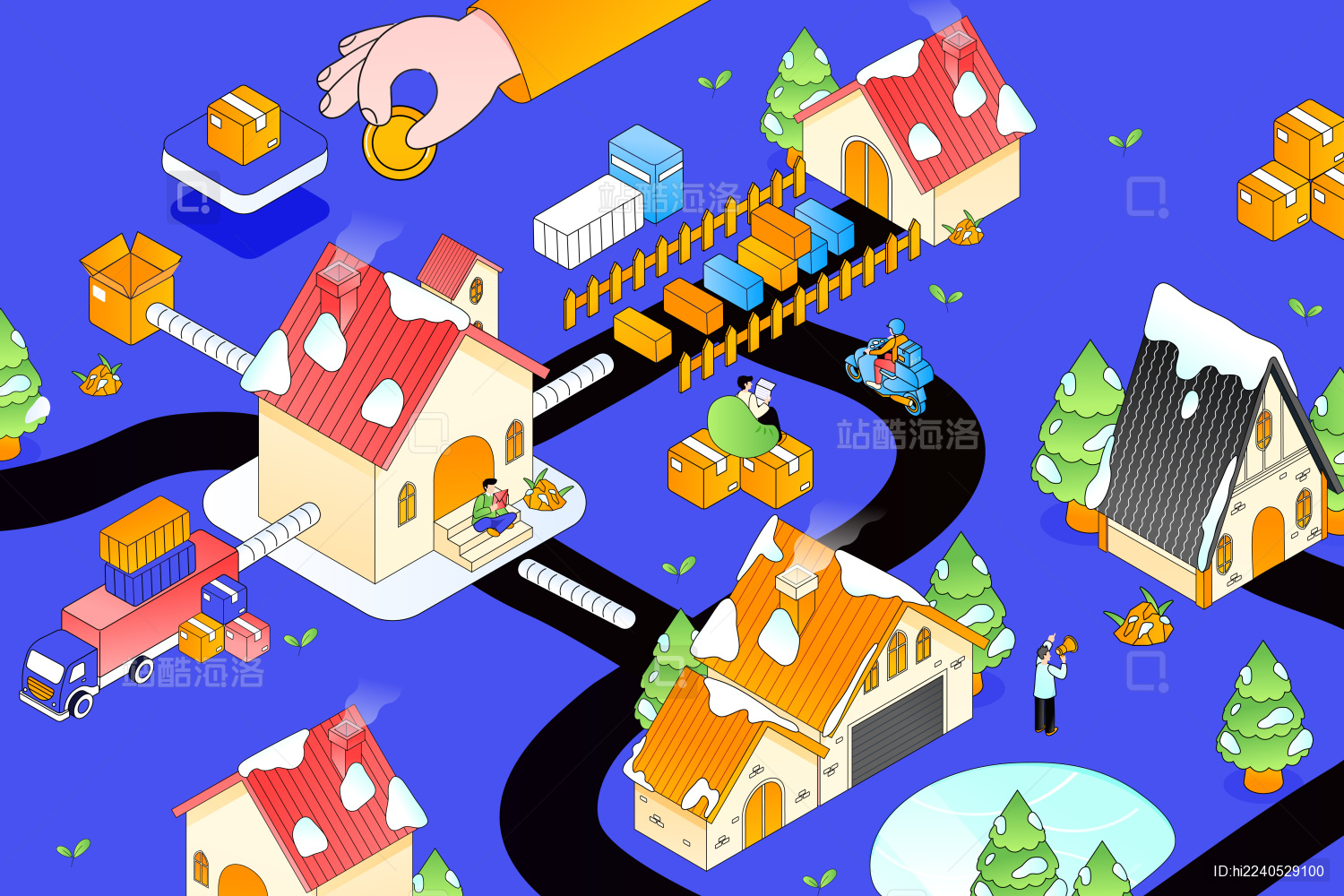 2.5D等距商业房地产冬季矢量插画