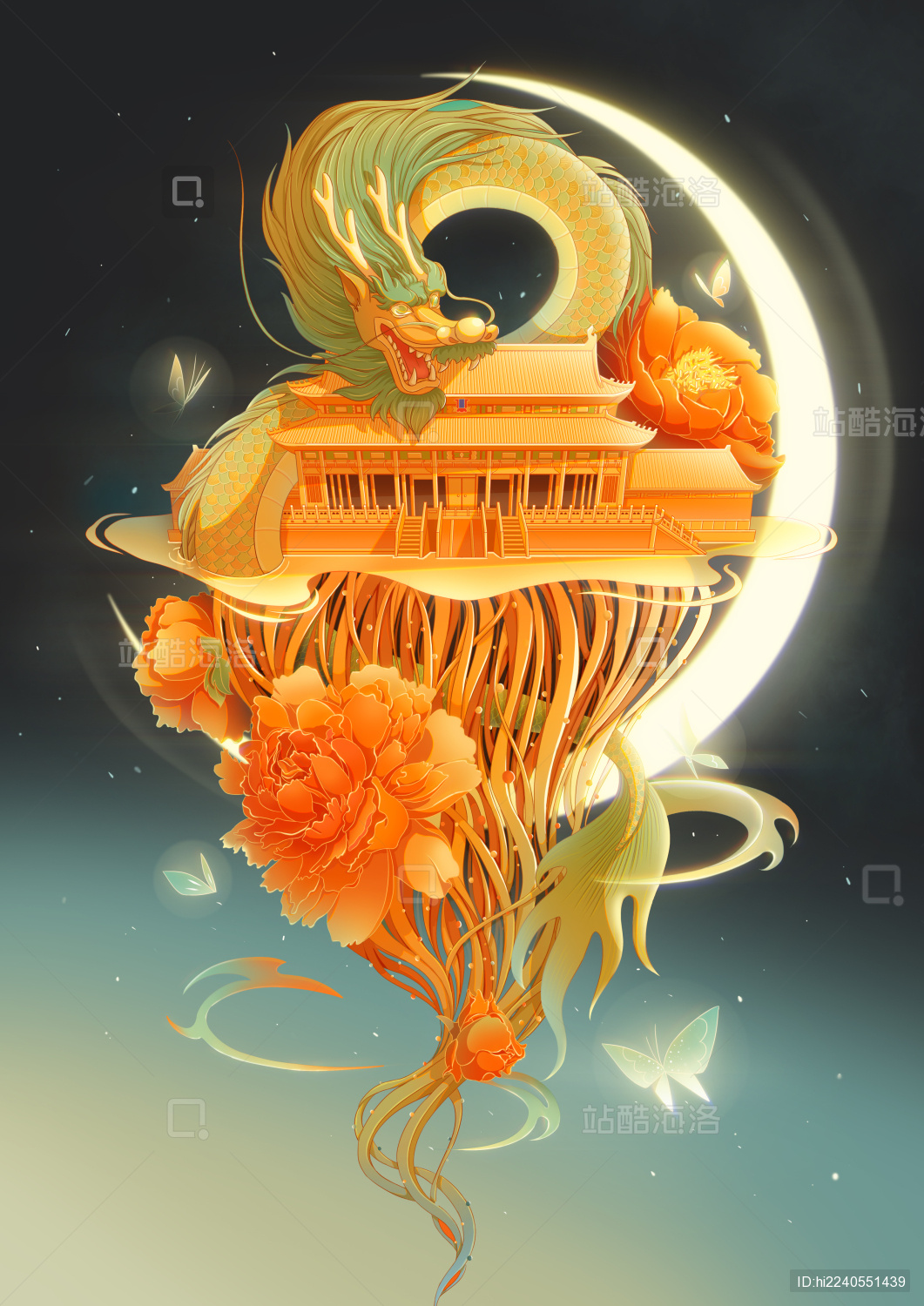 弯月下巨龙缠绕故宫底下是牡丹根系蝴蝶飞舞