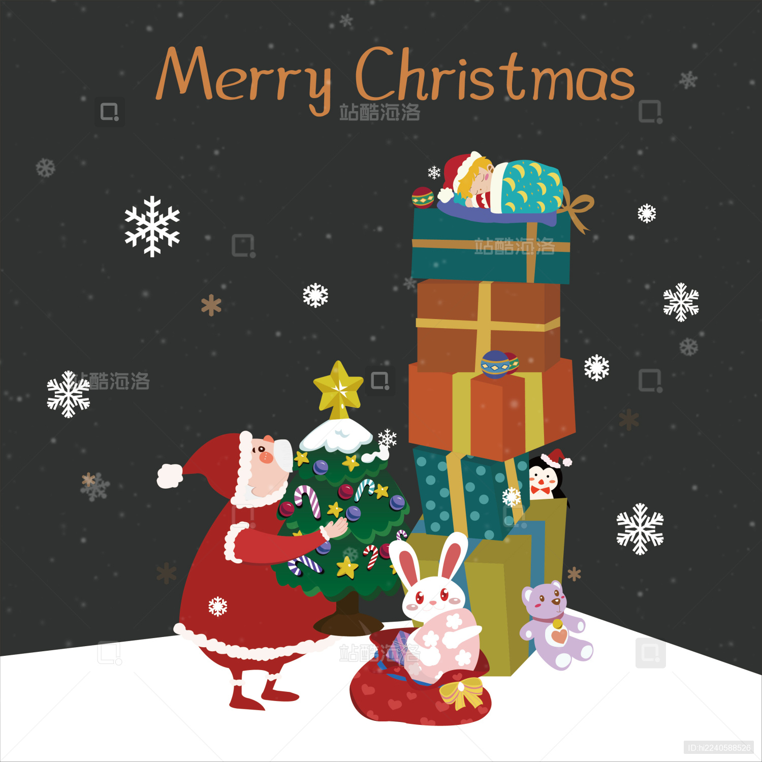 卡通冬季圣诞节圣诞老人送小朋友礼物图片素材-编号32466633-图行天下