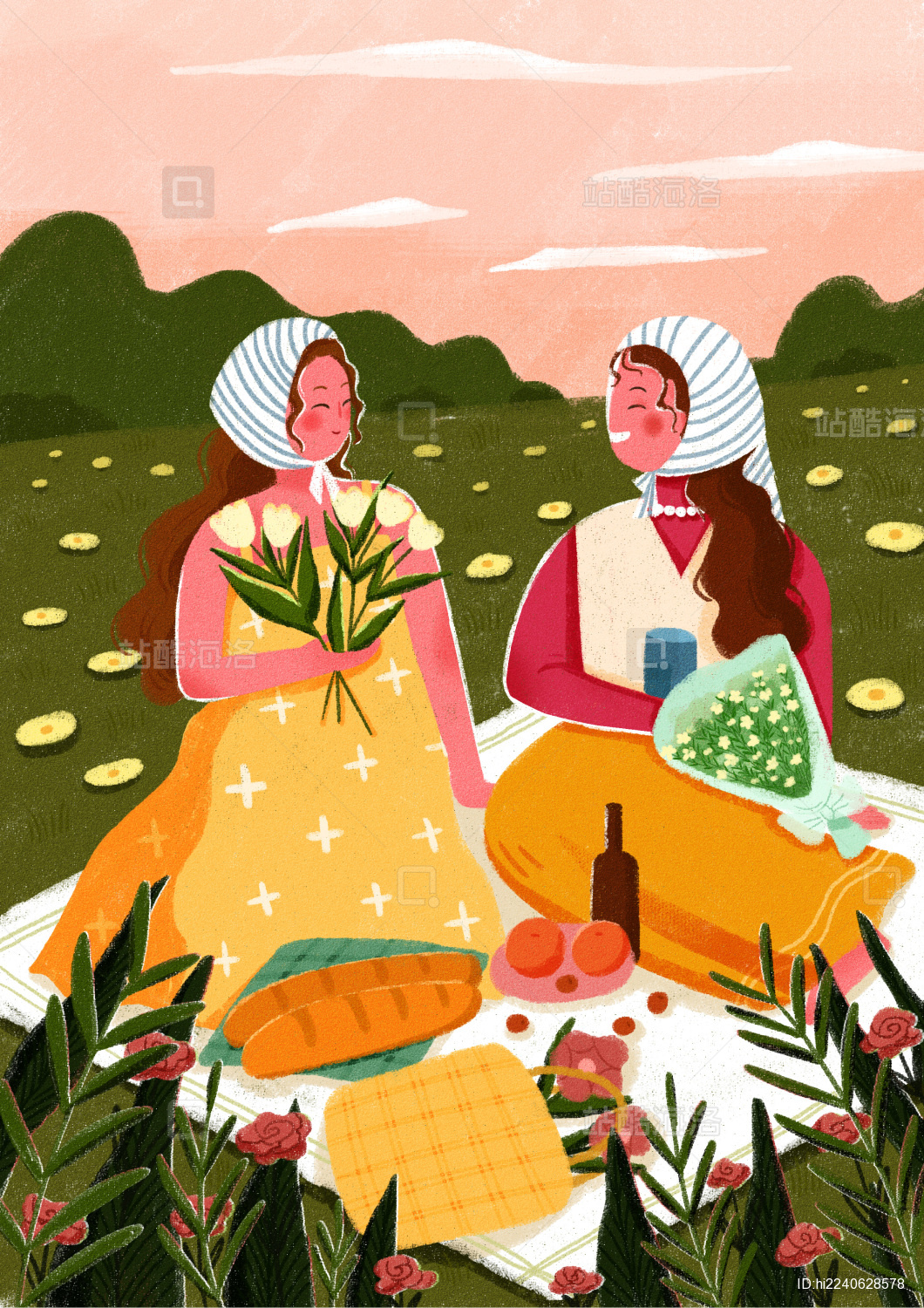 两个女孩在草地上野餐