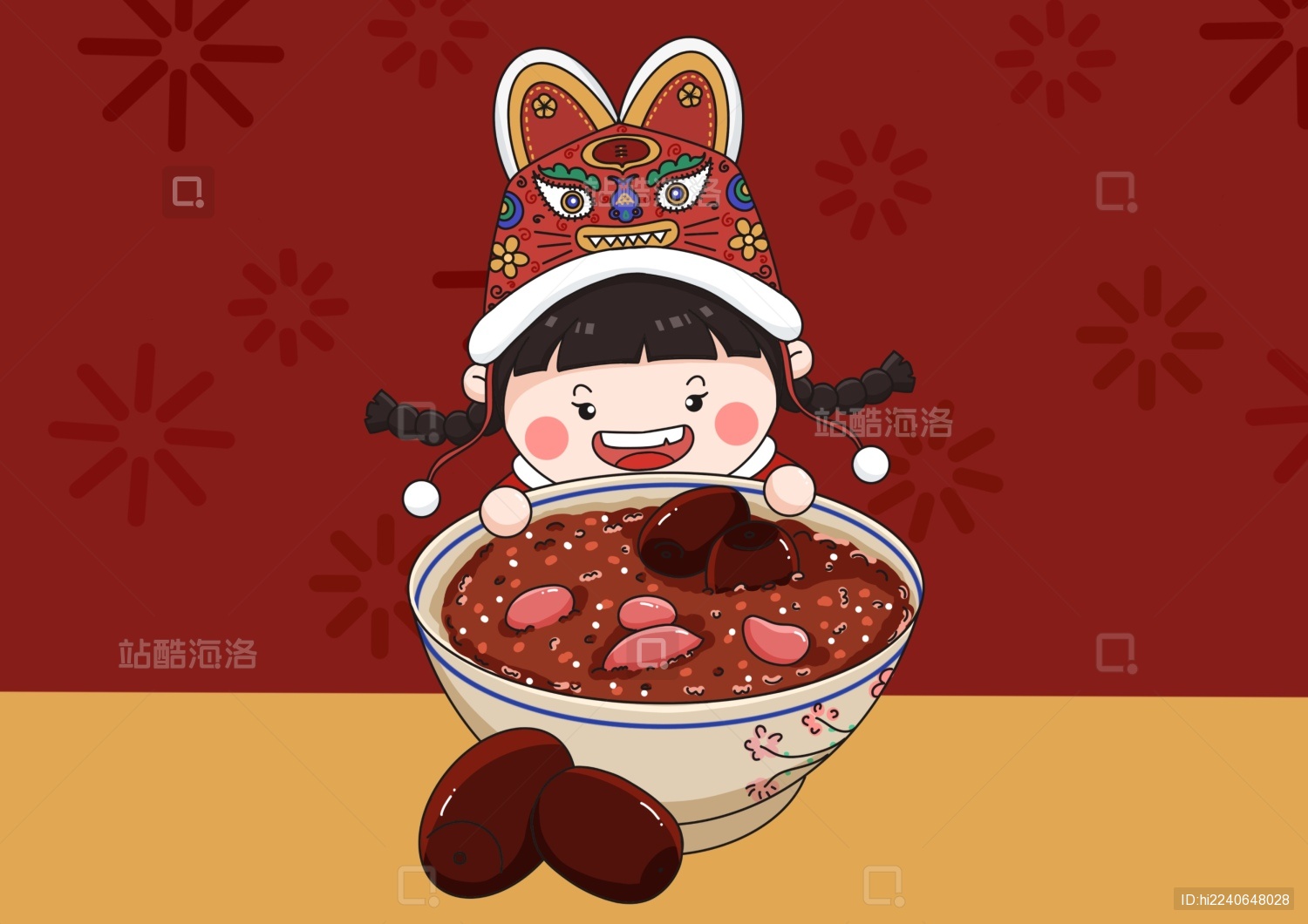 戴虎头帽嘴馋想吃腊八粥的辫子头小女孩