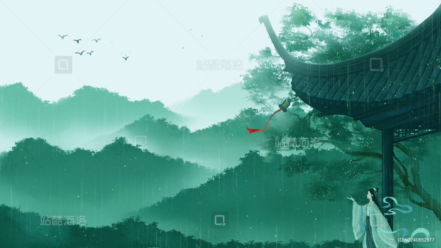 古代水彩下雨的风景插画图片-千库网