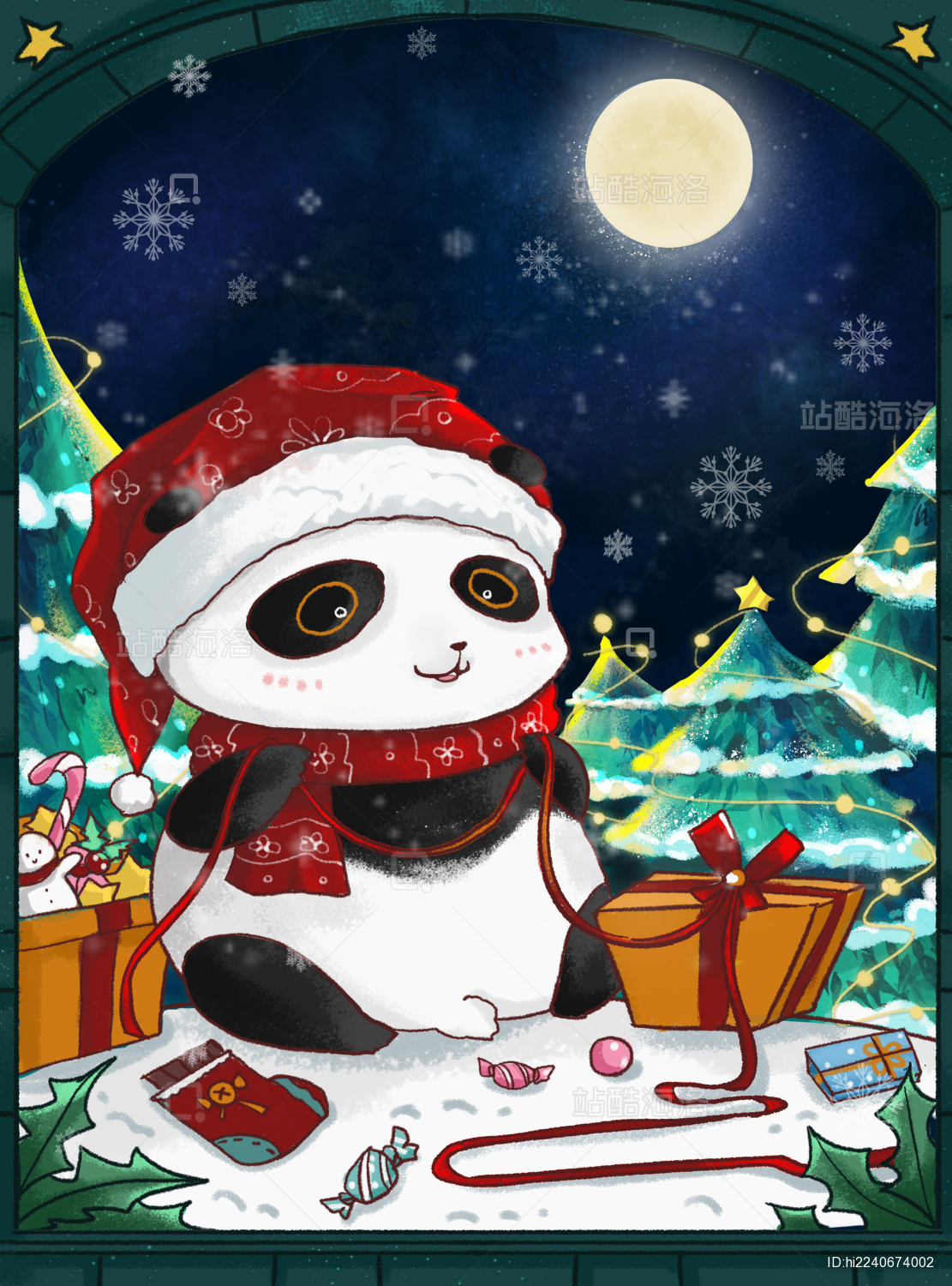 平安夜在雪地里拆圣诞节礼物的熊猫