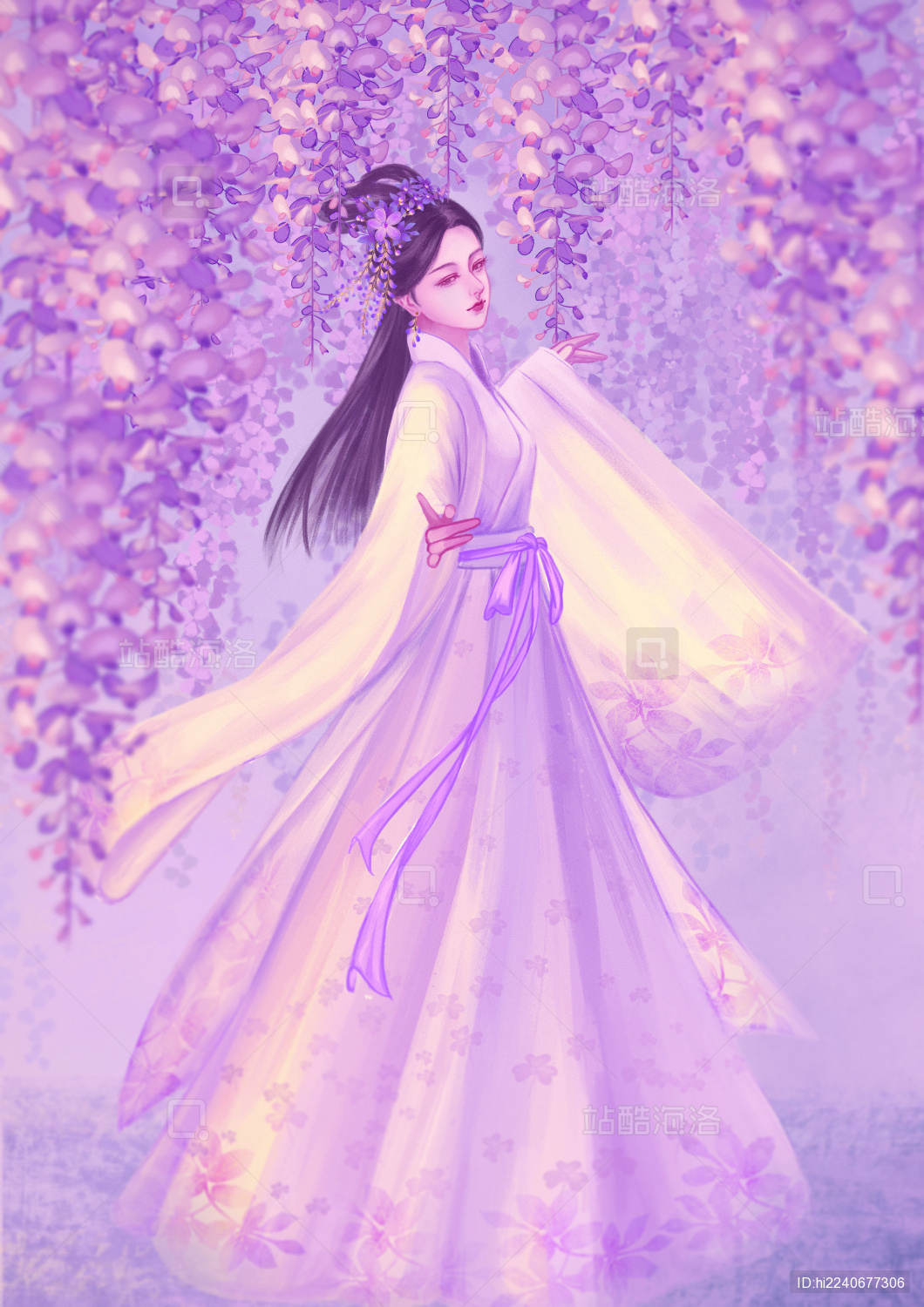 春日古风汉服少女紫藤花下跳舞插画