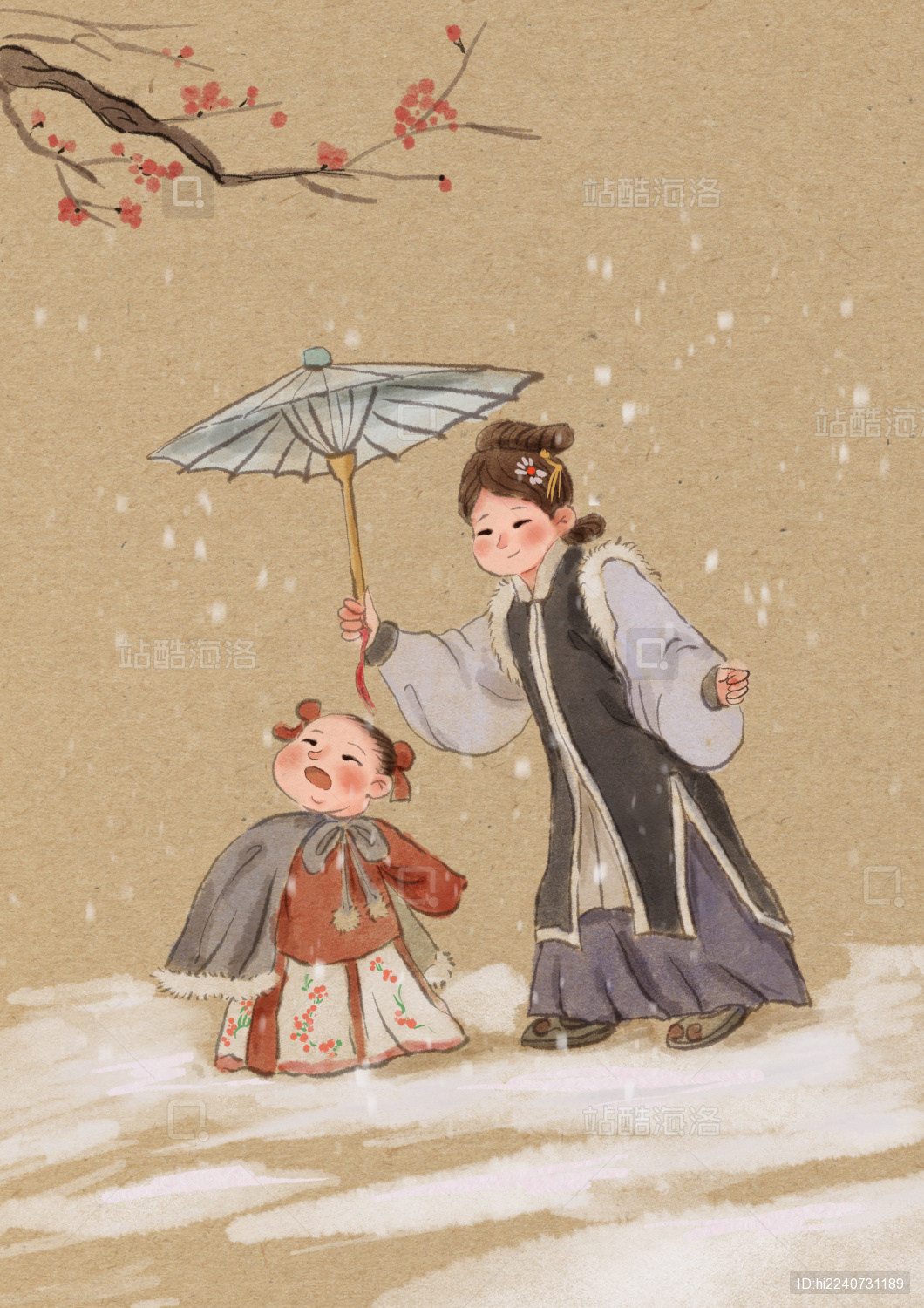 母亲和孩子雪天赏雪