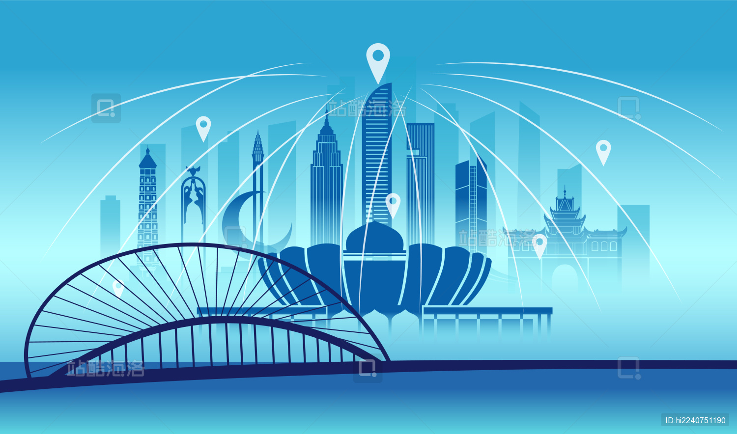 中国宁夏银川市网络科技城市矢量插画