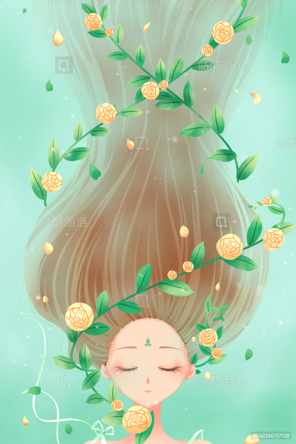 女孩长发上缠绕着鲜花绿叶 梦幻人物插画