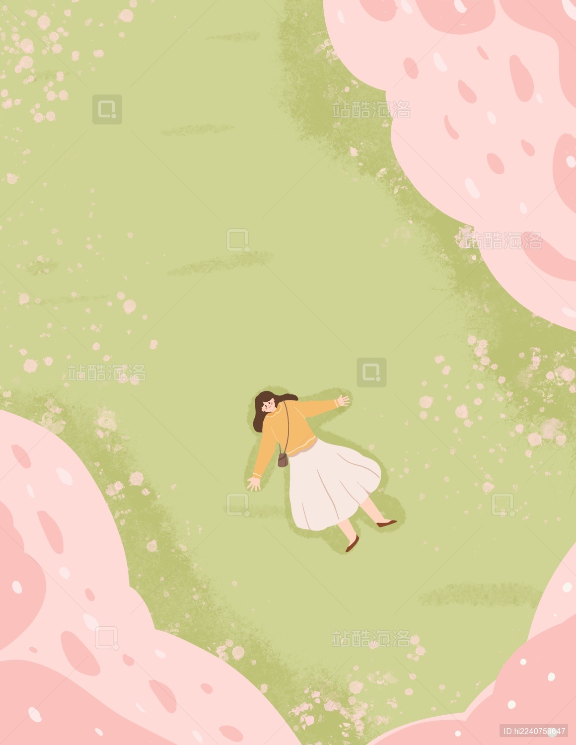 躺在樱花树下的女孩春天手绘插画