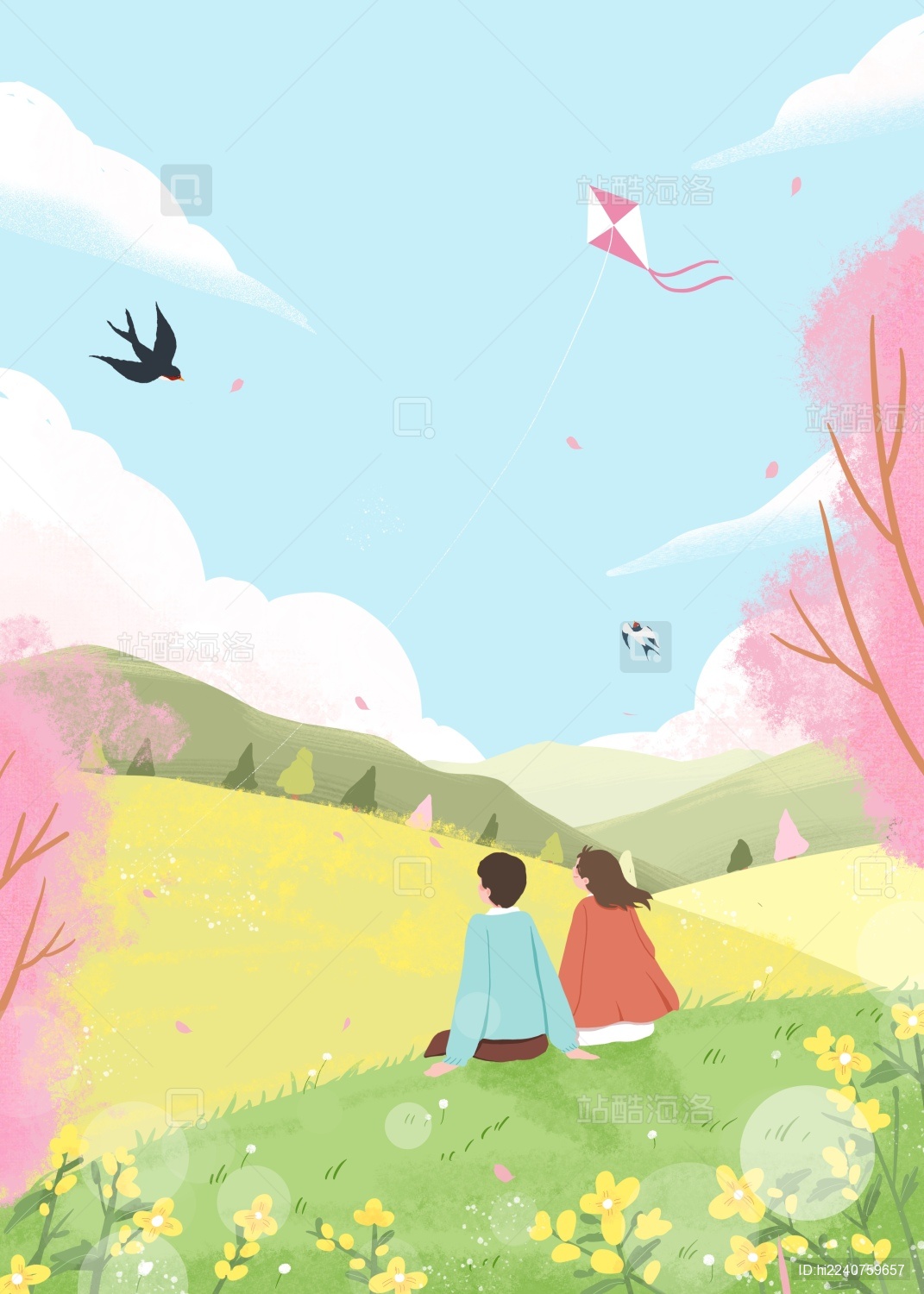 坐在春天的美景中的手绘情侣插画