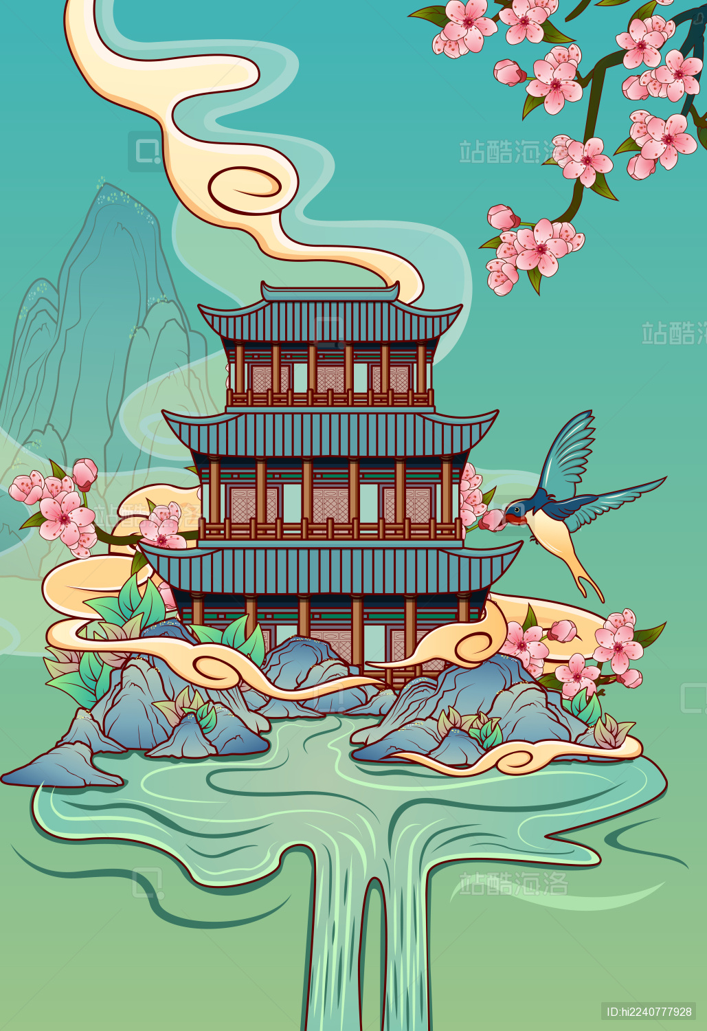 中国风亭台楼阁也桃花的背景插画