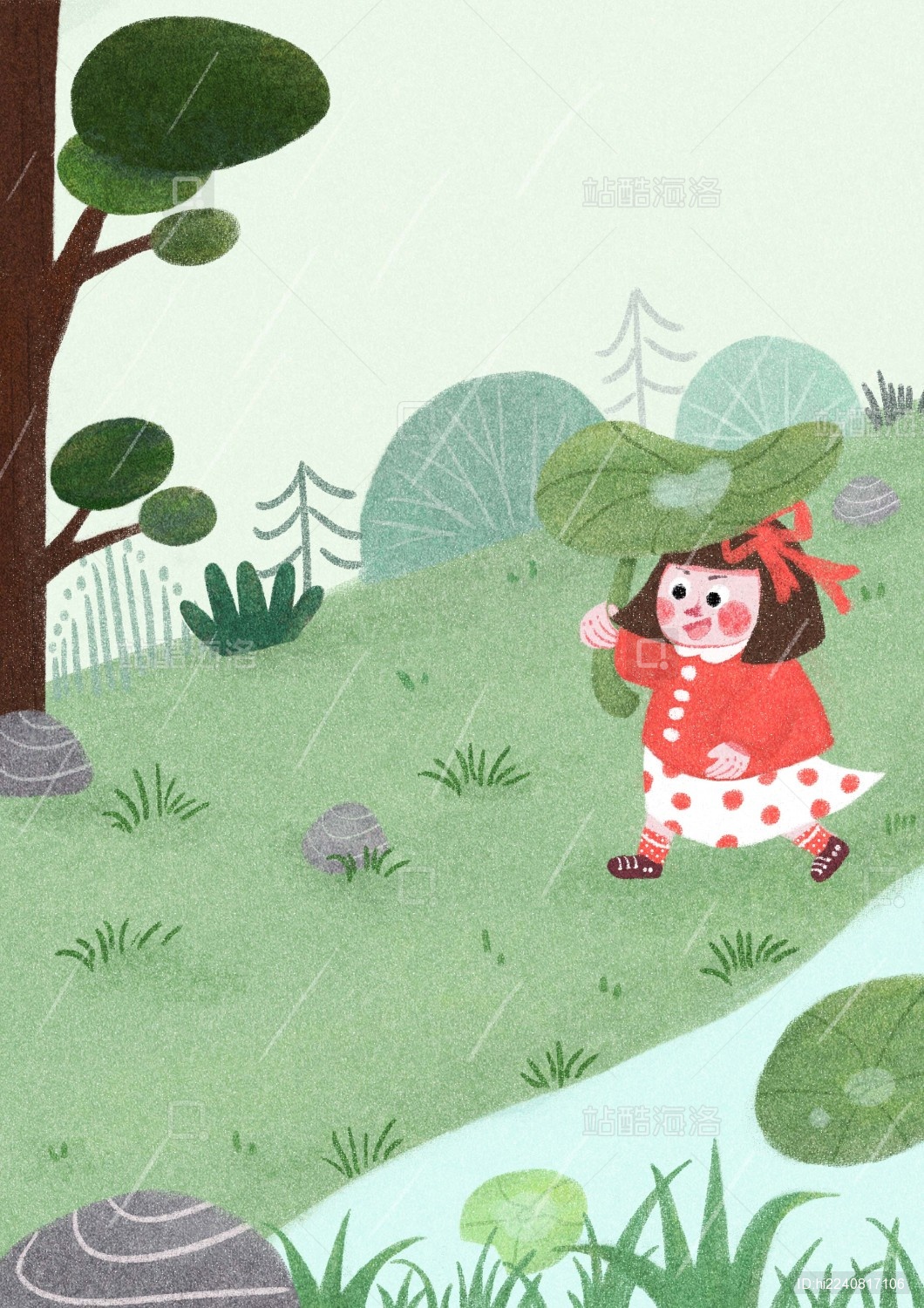 撑着荷叶奔跑躲雨的小女孩