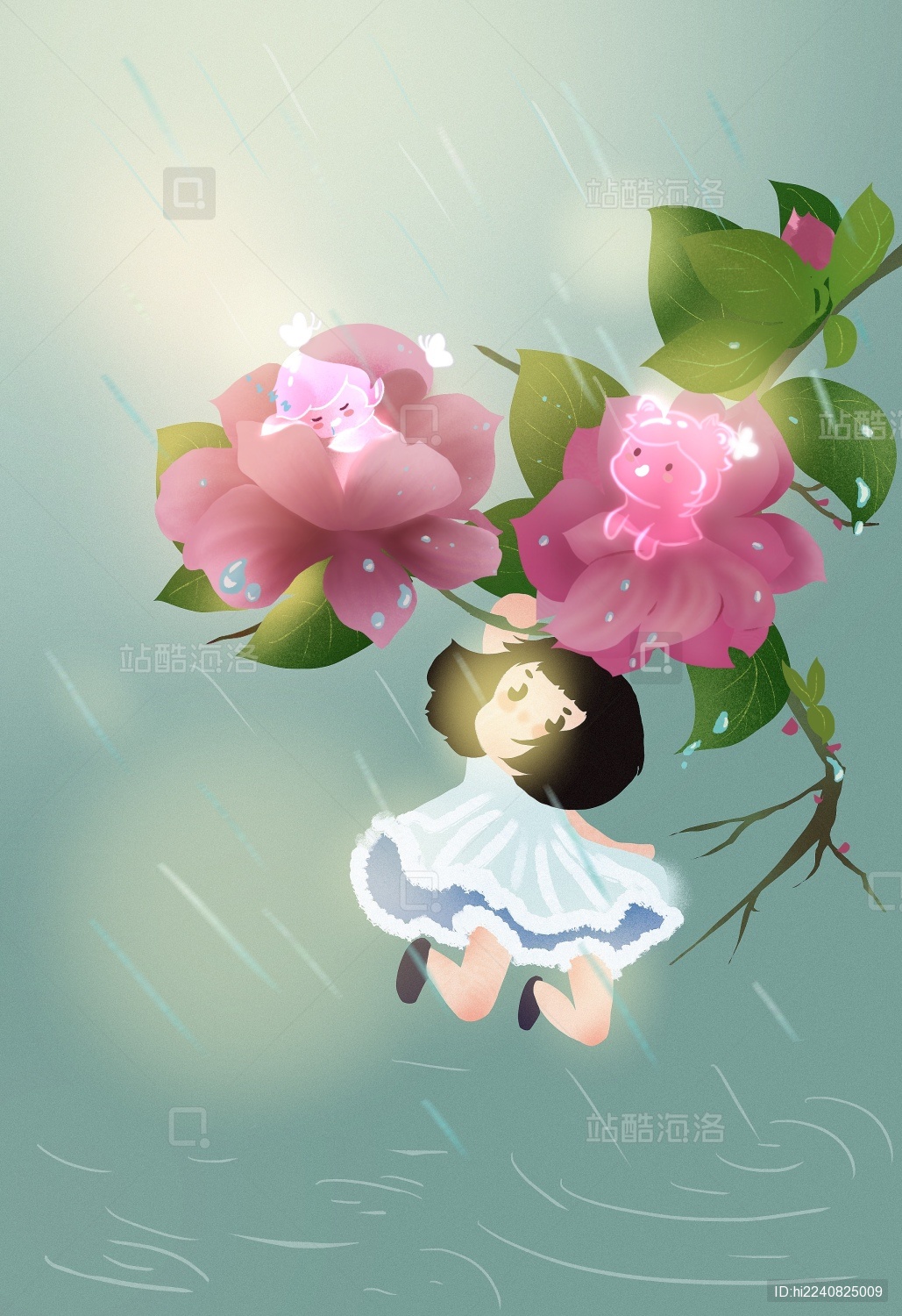 扁平插画二十四节气雨水海棠花开