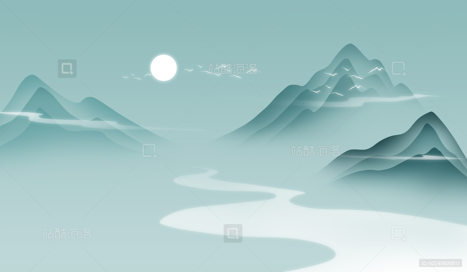 新中式风格水墨山水风景插画