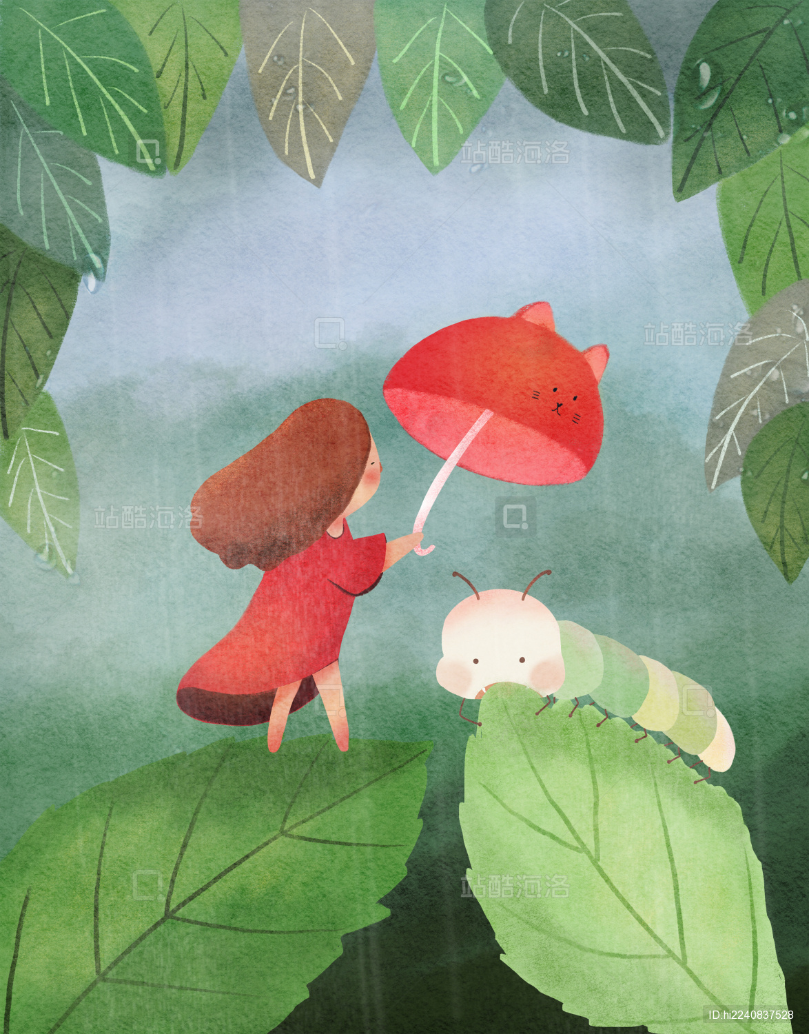 谷雨节气雨天的少女与春蚕