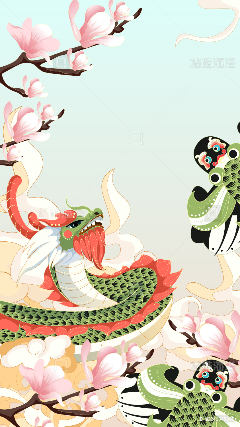 春天龙抬头玉兰花放风筝矢量海报插画