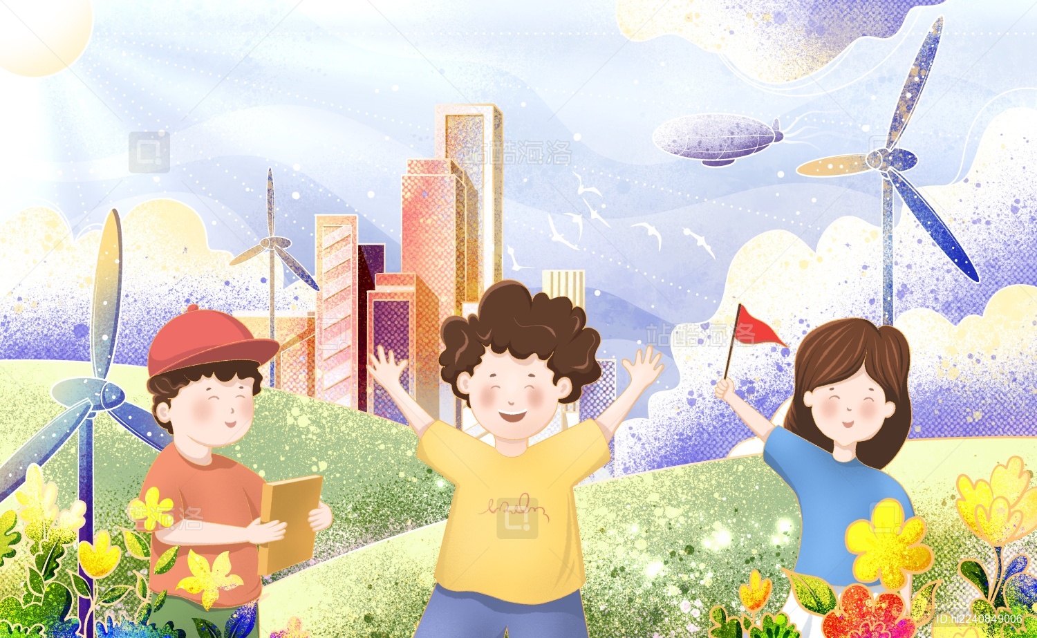 春天户外踏青的儿童插画