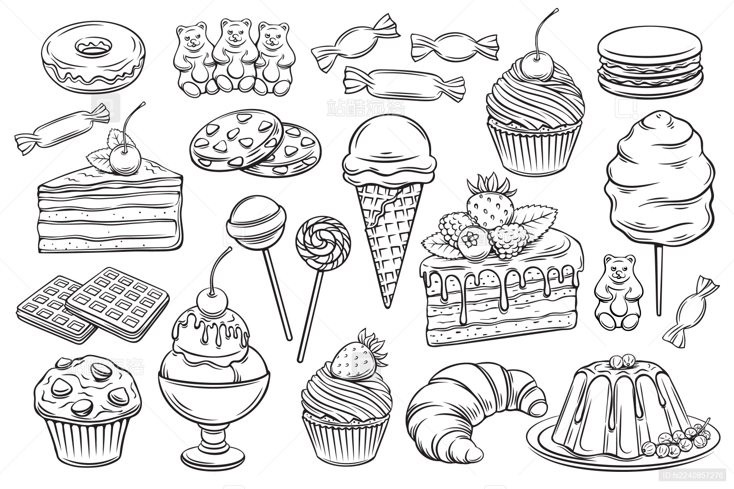甜点-黑白无缝图案手绘蛋糕和甜甜圈插画图片素材_ID:317085090-Veer图库