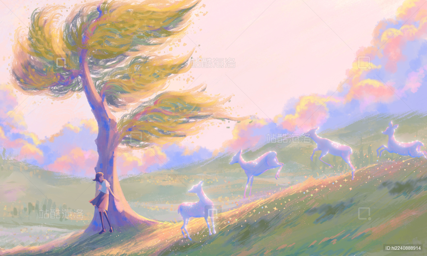 夕阳下少女在草地看麋鹿飞驰