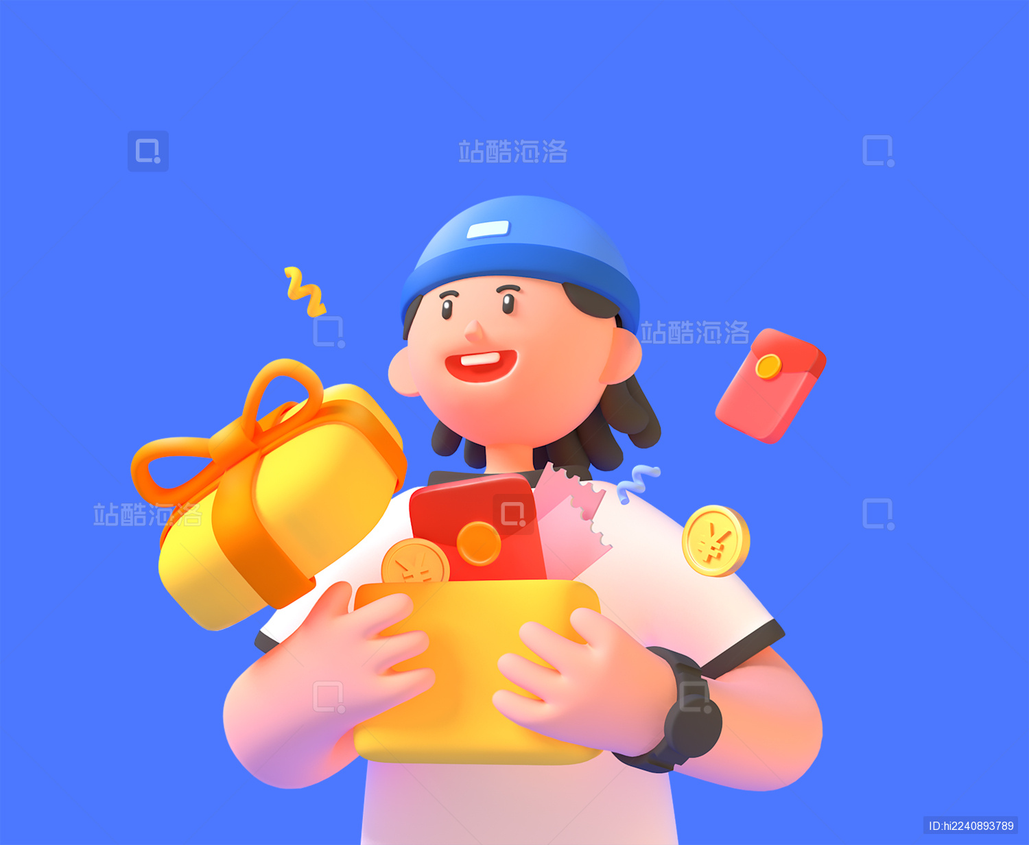 立体三维人物男孩抱礼物盒红包金