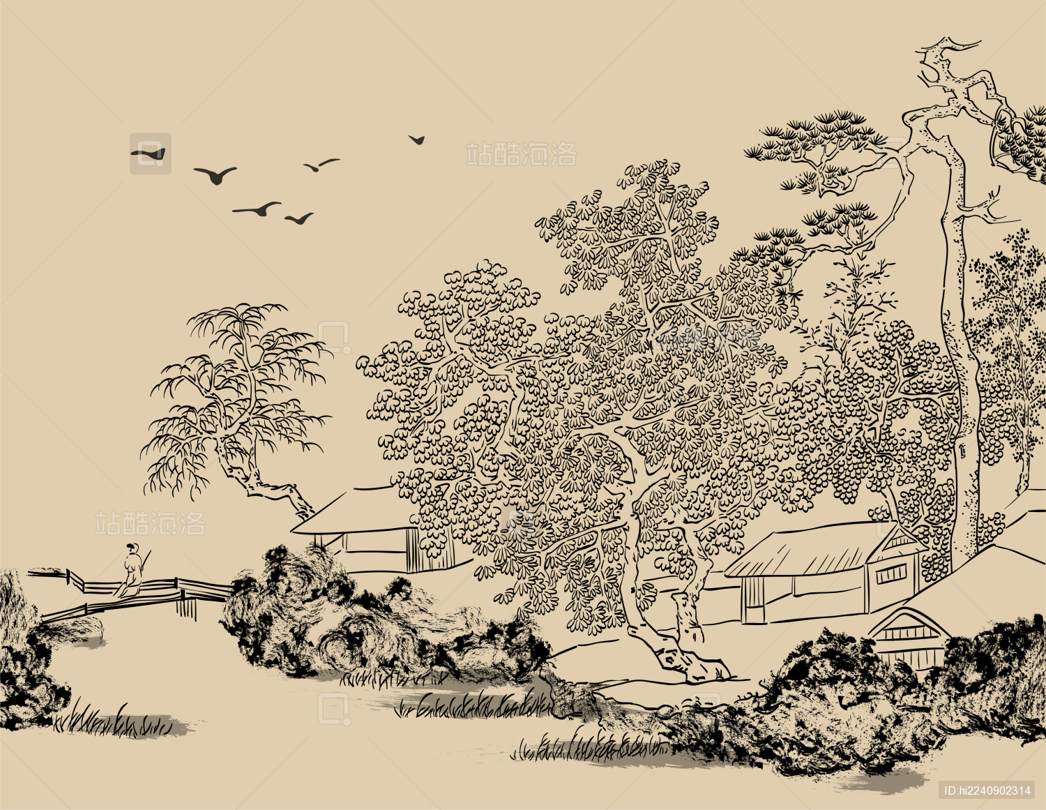 传统水墨白描松柏房舍线描图