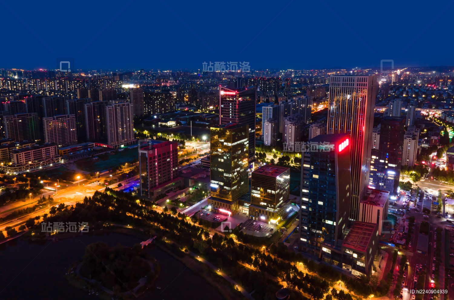 航拍山东淄博CBD建筑景观夜景