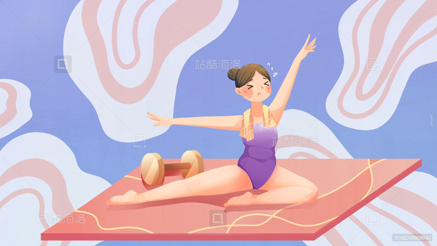 卡通减肥插画 在瑜伽垫上做拉伸锻练的少女