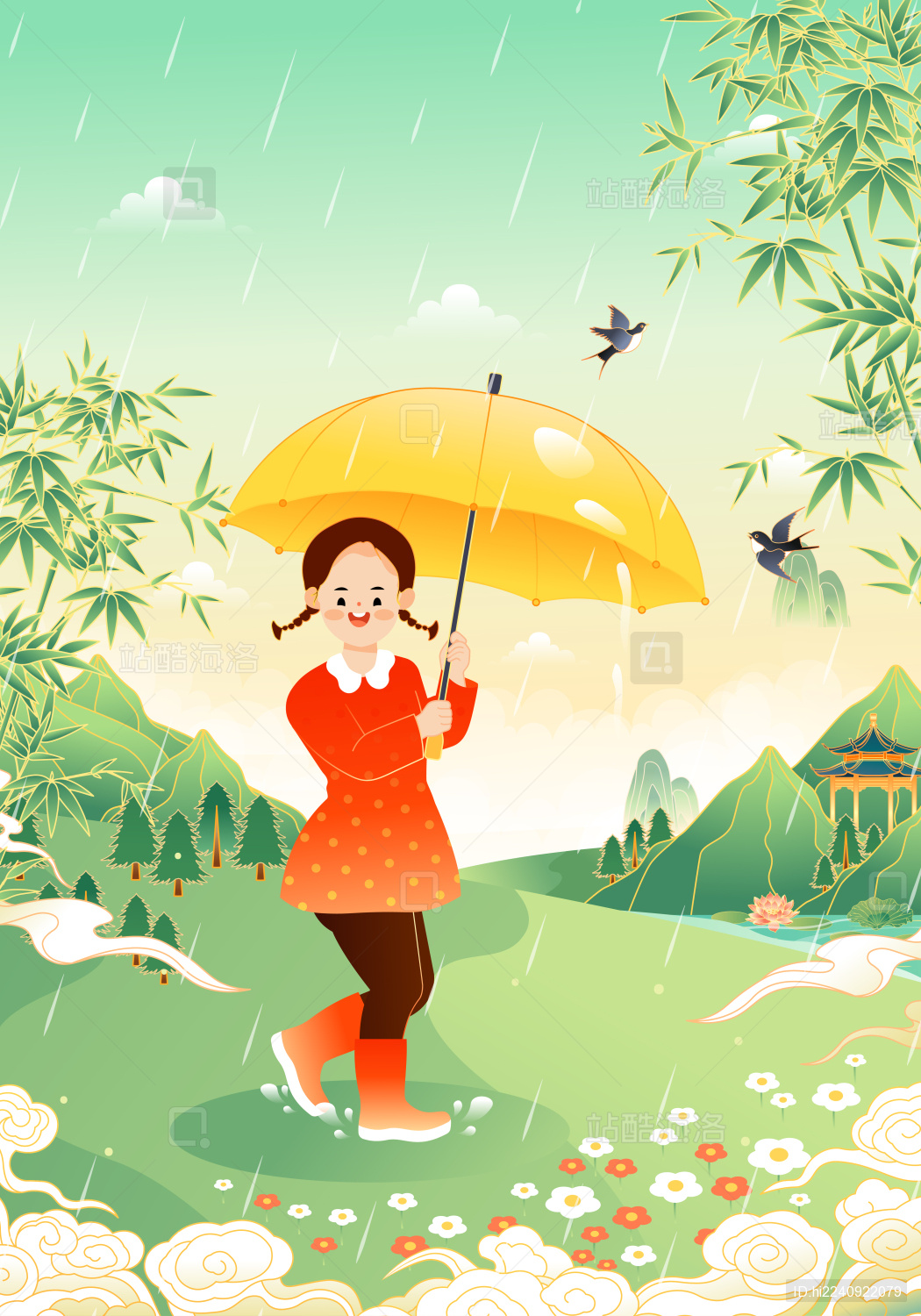 下雨天打着伞的小女孩