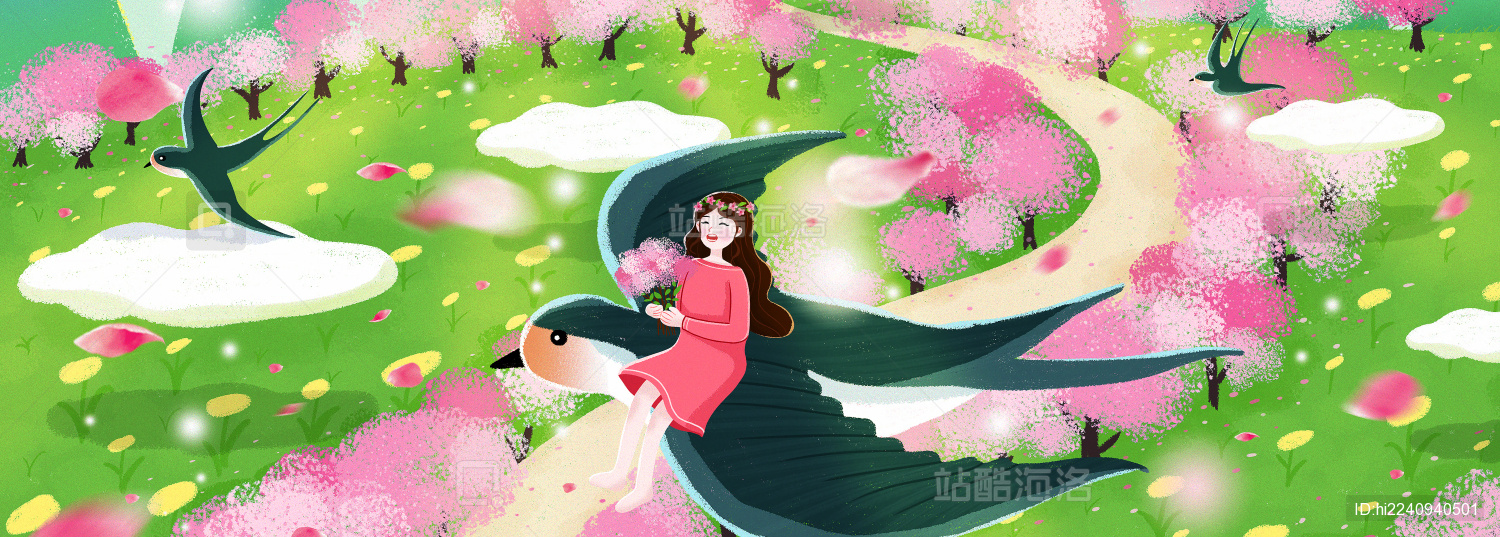 小女孩骑着燕子在桃花林中飞翔春天插画