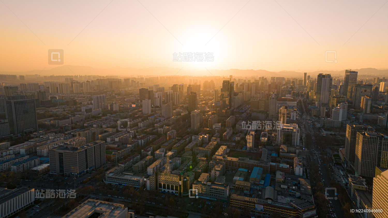 航拍石家庄天际线日落