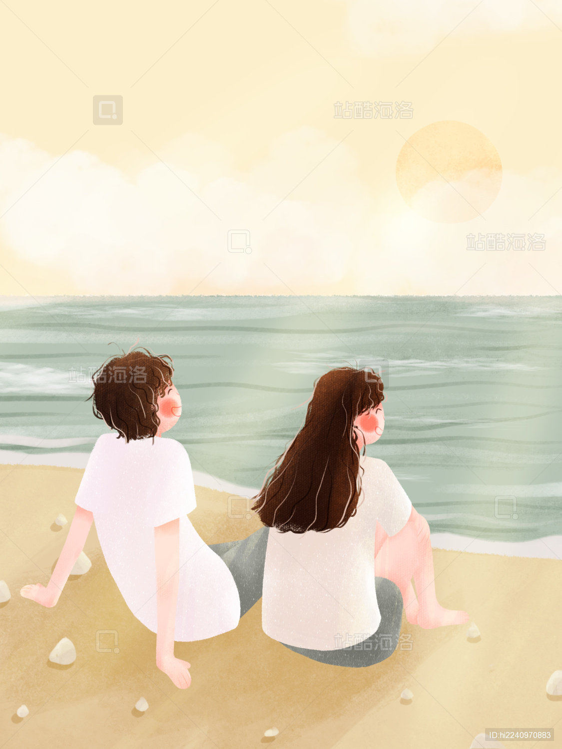 穿着白色衬衫的情侣坐在沙滩上看太阳_站酷海洛_正版图片_视频_字体