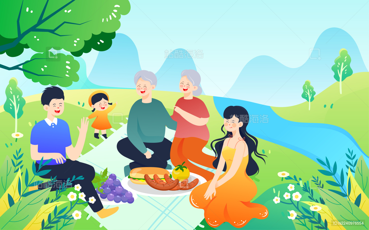 春天一家人春游插画春季人物踏青出行海报