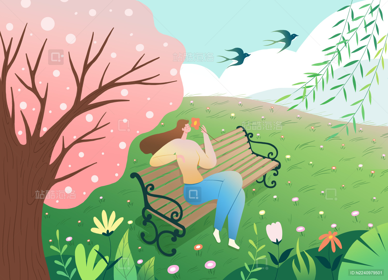 春天座在公园长椅上的女孩插画海报