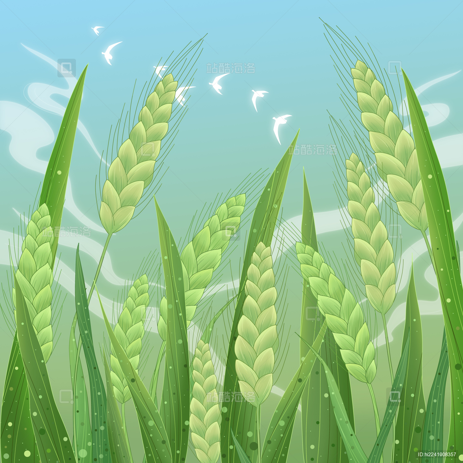 新中式风格仰视绿色的小麦