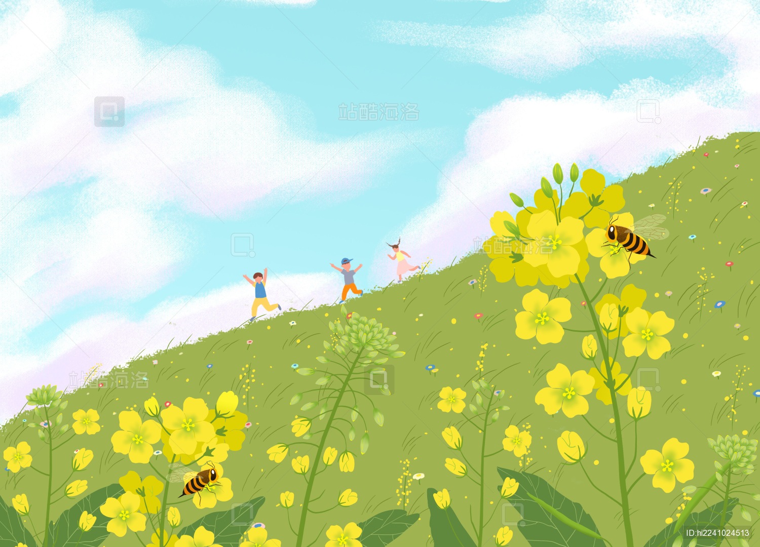 春天油菜花盛开山坡上小孩奔跑玩耍插画