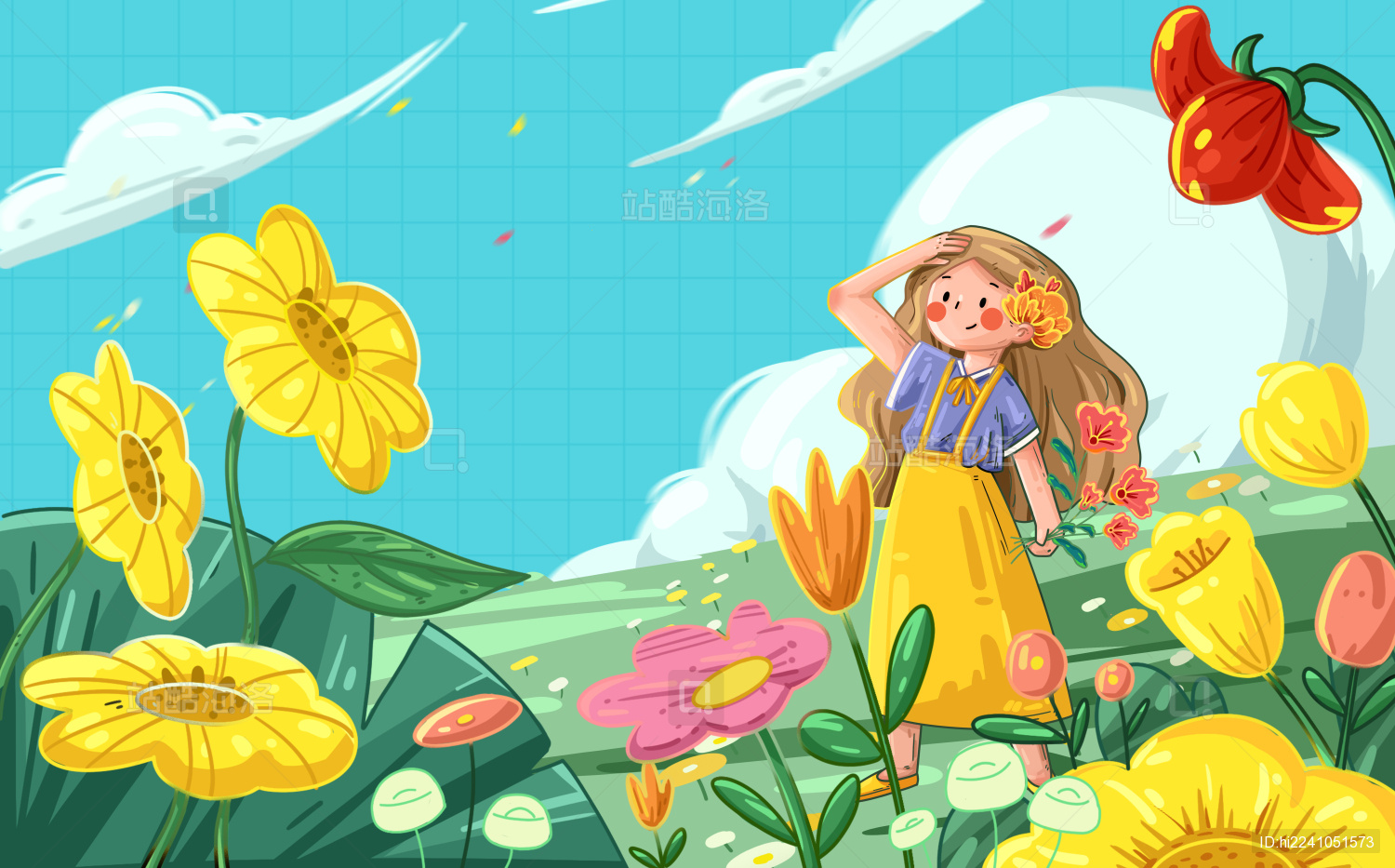 春天漫天花瓣飞舞的春游图