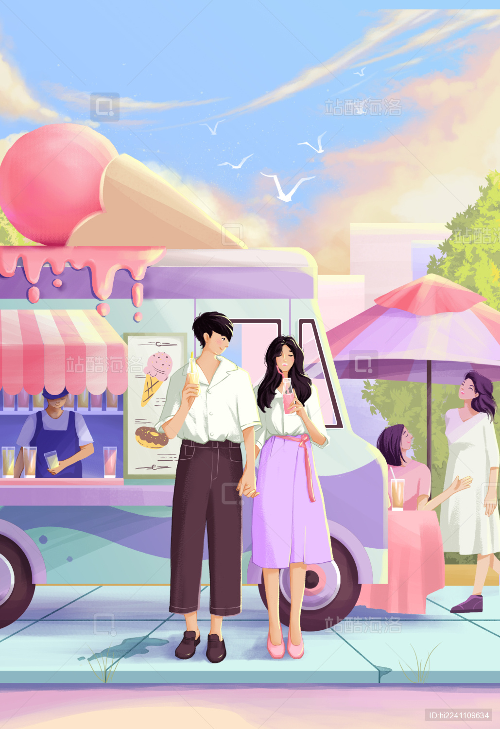 快乐的年轻情侣吃冰激凌-蓝牛仔影像-中国原创广告影像素材