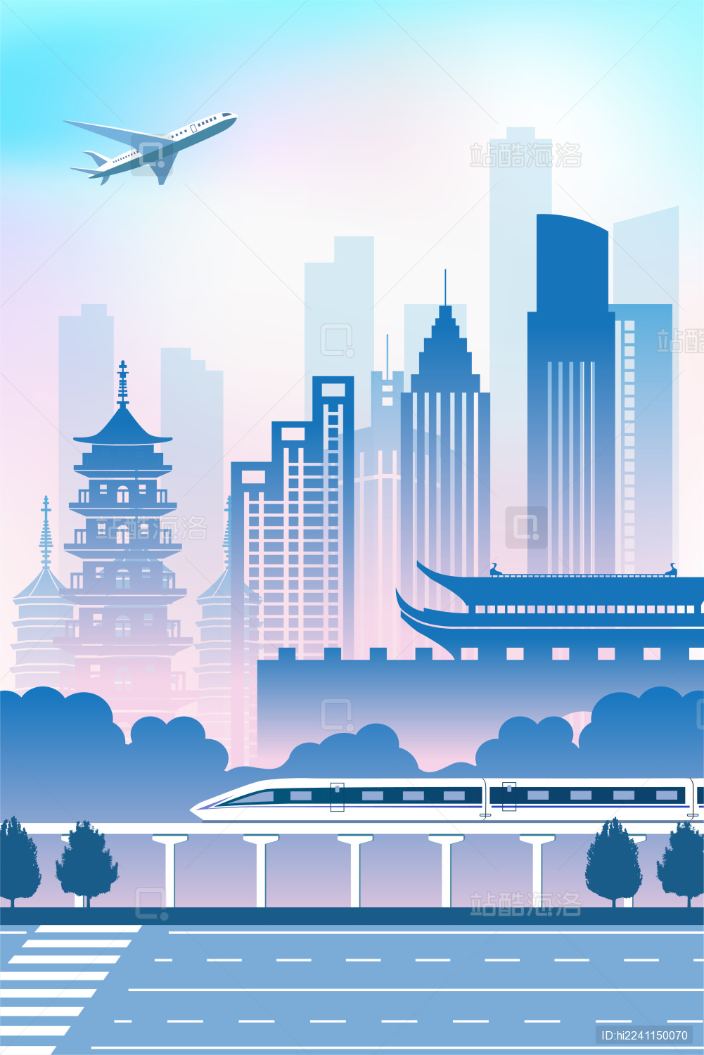 中国浙江省嘉兴市城市旅游交通商务插画蓝色