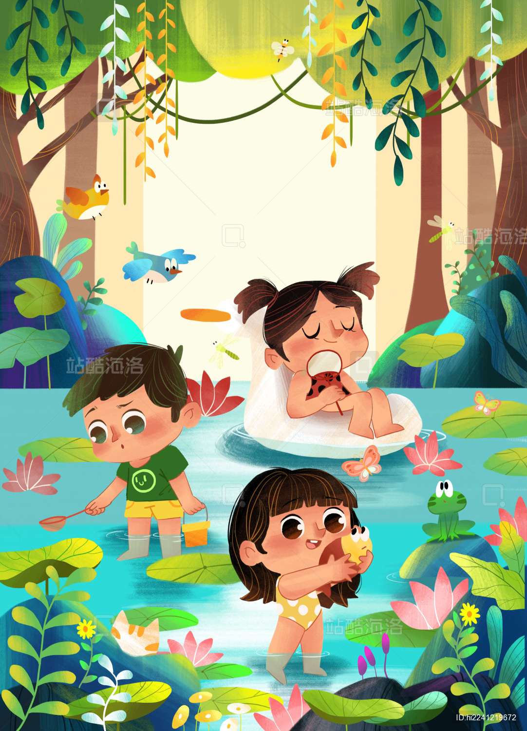 三个小朋友在河里玩耍