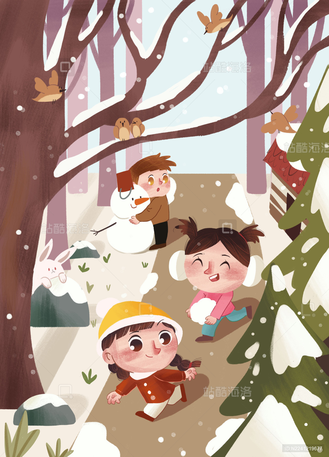 小朋友们在打雪仗堆雪人