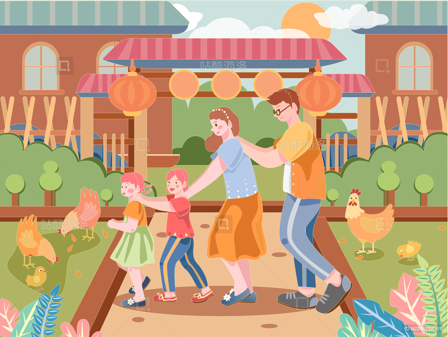 一家四口去体验农家乐