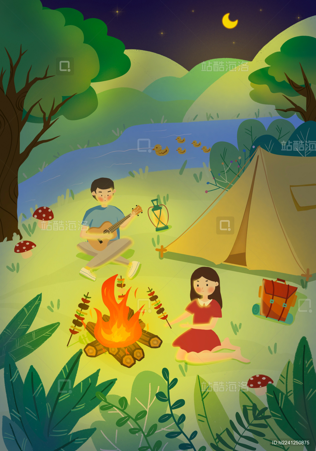 两个青年男女户外野餐露营玩耍